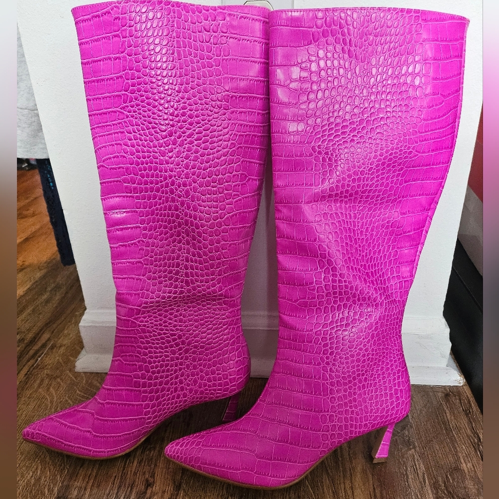 Vibrant Pink Croc-Embossed Knee-High Boots
